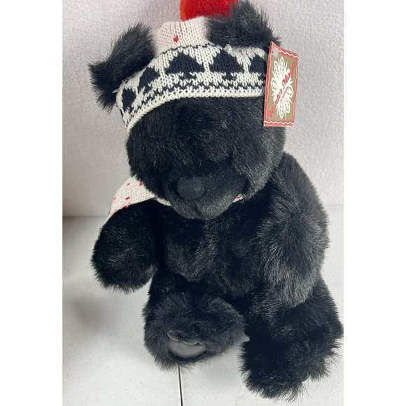 Applause Black Bear Stuffed Animal Zachary 14” Knit Hat Scarf Plush Toy Holiday - Picture 1 of 5